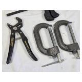 Assorted Hand Tools including Craftsman RoboGrip Pliers, C-Clamps, and Quick-Grip Clamp