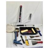 Painting and Decorating Tools including Rollers, Brushes, and Scrapers