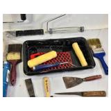 Painting and Decorating Tools including Rollers, Brushes, and Scrapers