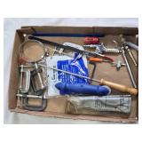 Box of Various Hand Tools and Accessories including Clamps, Saws, and Drill Bits