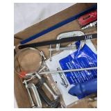 Box of Various Hand Tools and Accessories including Clamps, Saws, and Drill Bits