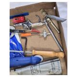 Box of Various Hand Tools and Accessories including Clamps, Saws, and Drill Bits