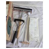 Box of Medical and Cleaning Supplies including BCool Gel Packs, Gauze Pads, and Squeegee, Wire Brush, and Others