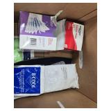 Box of Medical and Cleaning Supplies including BCool Gel Packs, Gauze Pads, and Squeegee, Wire Brush, and Others