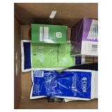 Box of Medical and Cleaning Supplies including BCool Gel Packs, Gauze Pads, and Squeegee, Wire Brush, and Others