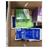 Box of Medical and Cleaning Supplies including BCool Gel Packs, Gauze Pads, and Squeegee, Wire Brush, and Others