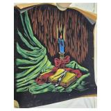 Velvet Artwork Depicting Candle, Book, and Drapery with Red Bow - Rolled up