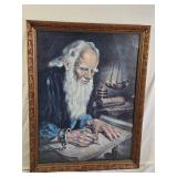 Framed Painting of an Elderly Man Writing