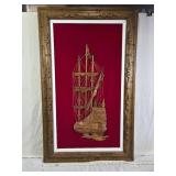 Wooden Ship Sculpture in Frame on Red Velvet Background  23.5x38.5