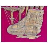 Wooden Ship Sculpture in Frame on Red Velvet Background  23.5x38.5