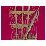 Wooden Ship Sculpture in Frame on Red Velvet Background  23.5x38.5
