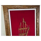 Wooden Ship Sculpture in Frame on Red Velvet Background  23.5x38.5
