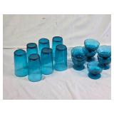 Vintage Blue Glass Tumblers and Dessert Dishes Set