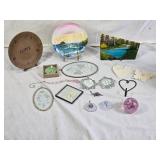 Decorative Home Decor Items including Painted Plates, Stained Glass, and Ornaments