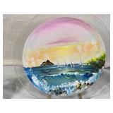 Decorative Home Decor Items including Painted Plates, Stained Glass, and Ornaments