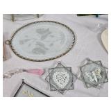 Decorative Home Decor Items including Painted Plates, Stained Glass, and Ornaments