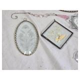Decorative Home Decor Items including Painted Plates, Stained Glass, and Ornaments