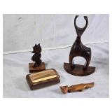 Set of Hand-Carved Wooden Sculptures and Box