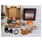 Box of Holiday Decorations with Crystal Party Plate, Corn Decorations, and Santa Figurine