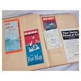 Travel Scrapbook with Brochures and Memorabilia from various destinations like Montreal, Door County, Disneyland, England, Belgium, Denmark, and more