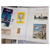 Travel Scrapbook with Brochures and Memorabilia from various destinations like Montreal, Door County, Disneyland, England, Belgium, Denmark, and more