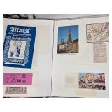Travel Scrapbook with Brochures and Memorabilia from various destinations like Montreal, Door County, Disneyland, England, Belgium, Denmark, and more