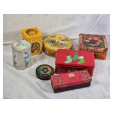 Assorted Decorative Tin Containers including Konge Tinn, The Singer Manufacturing Co., and Holiday Designs - All Empty