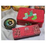 Assorted Decorative Tin Containers including Konge Tinn, The Singer Manufacturing Co., and Holiday Designs - All Empty