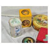 Assorted Decorative Tin Containers including Konge Tinn, The Singer Manufacturing Co., and Holiday Designs - All Empty
