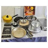 Vintage Kitchen Items including Wilton Performance Pans, Yellow Pot, and Assorted Cookware