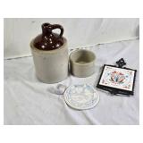 Stoneware Jug, Crock, and Bread Warmer Set with Decorative Trivet
