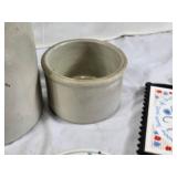 Stoneware Jug, Crock, and Bread Warmer Set with Decorative Trivet