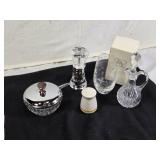 Crystal Oil/Vinegar Cruet, Pepper Grinder, Sugar Bowl with Lid, Salt Shaker, and Etched Glass Vase