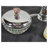 Crystal Oil/Vinegar Cruet, Pepper Grinder, Sugar Bowl with Lid, Salt Shaker, and Etched Glass Vase