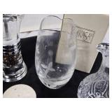 Crystal Oil/Vinegar Cruet, Pepper Grinder, Sugar Bowl with Lid, Salt Shaker, and Etched Glass Vase