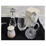Crystal Oil/Vinegar Cruet, Pepper Grinder, Sugar Bowl with Lid, Salt Shaker, and Etched Glass Vase