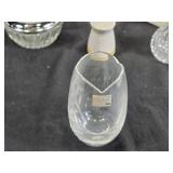 Crystal Oil/Vinegar Cruet, Pepper Grinder, Sugar Bowl with Lid, Salt Shaker, and Etched Glass Vase