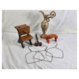 Antique/Vintage Decorative and Household Items including Ornate Pitcher, Wooden Gavel, Elephant Figurine, and Wire Hangers