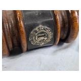 Antique/Vintage Decorative and Household Items including Ornate Pitcher, Wooden Gavel, Elephant Figurine, and Wire Hangers