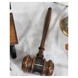 Antique/Vintage Decorative and Household Items including Ornate Pitcher, Wooden Gavel, Elephant Figurine, and Wire Hangers