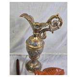 Antique/Vintage Decorative and Household Items including Ornate Pitcher, Wooden Gavel, Elephant Figurine, and Wire Hangers
