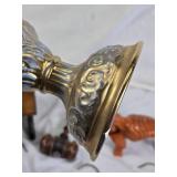 Antique/Vintage Decorative and Household Items including Ornate Pitcher, Wooden Gavel, Elephant Figurine, and Wire Hangers