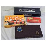 Pictionary First Edition, Scrabble, Probe, and Dragon Dominoes Board Games Set - Uncounted