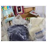 Box of Craft Supplies Including Cross Stitch Fabric, Dress Bag, and Polyester Fiberfill