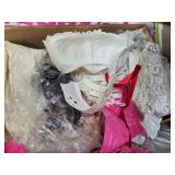 Box of Craft Supplies Including Cross Stitch Fabric, Dress Bag, and Polyester Fiberfill