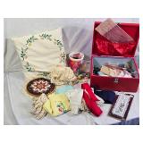 Vintage Sewing Box with Supplies and Embroidery Items