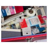 Vintage Sewing Box with Supplies and Embroidery Items