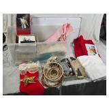 Christmas Decorations and Fabrics Lot including Angel Figure, Santa and Snowman Figurines, and Various Fabrics