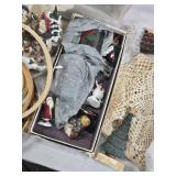 Christmas Decorations and Fabrics Lot including Angel Figure, Santa and Snowman Figurines, and Various Fabrics