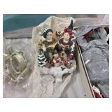 Christmas Decorations and Fabrics Lot including Angel Figure, Santa and Snowman Figurines, and Various Fabrics
